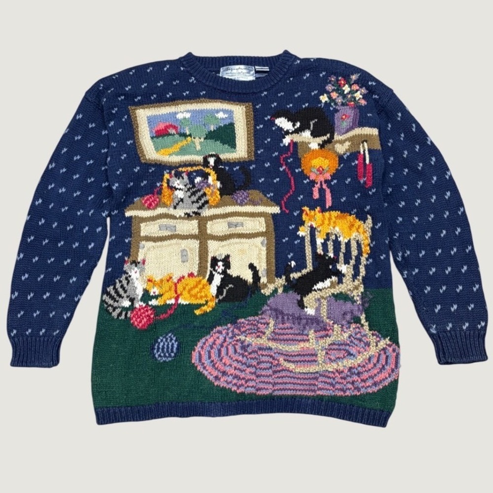 VTG 90s Northern Isles Petites Cat Kitten Novelty Hand Knit Sweater Navy Blue XL